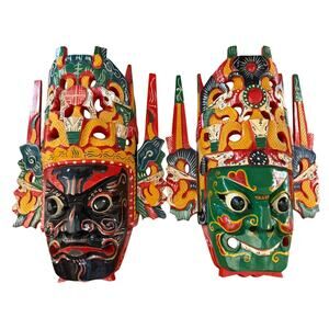 2 Vtg Chinese Hand Carved Painted Wood Face Mask Hanging Nuo Opera Warrior Art